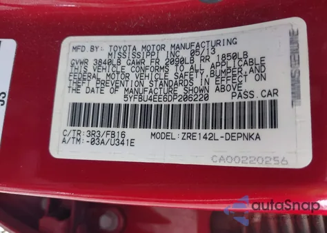 2013 Toyota Corolla Le из США, поврежденный, VIN 5YFBU4EE6DP206220